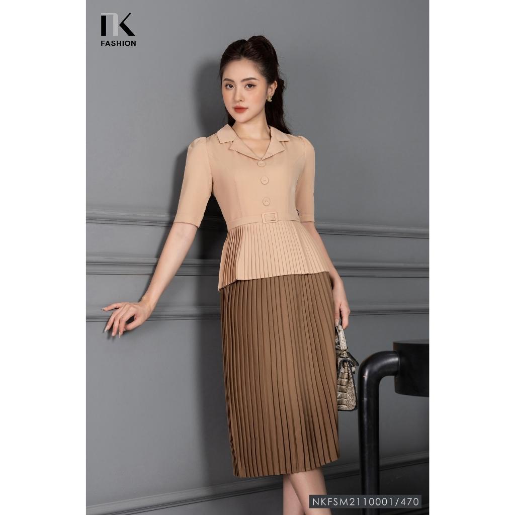 Áo Ký Giả Peplum Dập Ly NK Fashion Thiết Kế Tay Ngắn Bo Eo Điệu, Chất Liệu Nhập Hàn Mềm Mịn NKFSM2110001