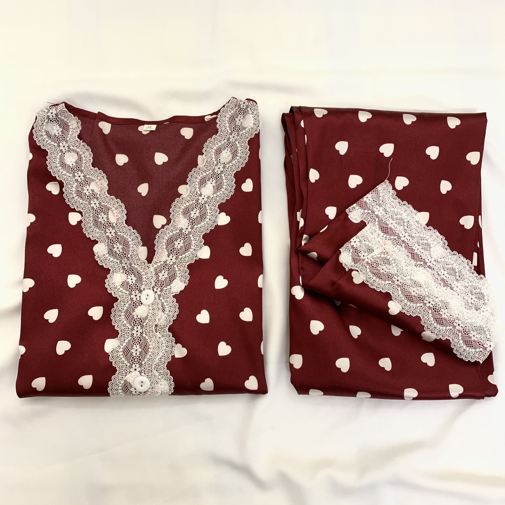 Pijama- Bộ Ngủ Lụa Áo Quần Dài Màu Đỏ Phối Ren Cổ Chữ V kèm ảnh thật DDLP04
