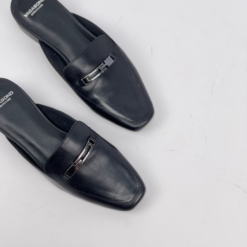 Dép sục nữ da thật, sục da thật mũi vuông đế bệt 2cm đai kim loại - Hàng VNXK - Kimy Store