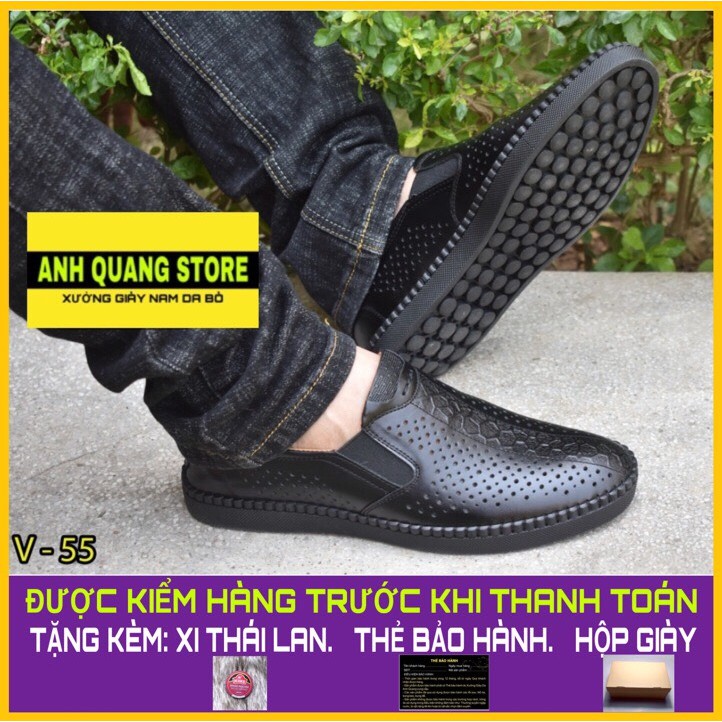 Giày mùa hè lười nam HQC SHOES thiết kế đục lỗ laze thoáng khí chất liệu da bò thật HQ019