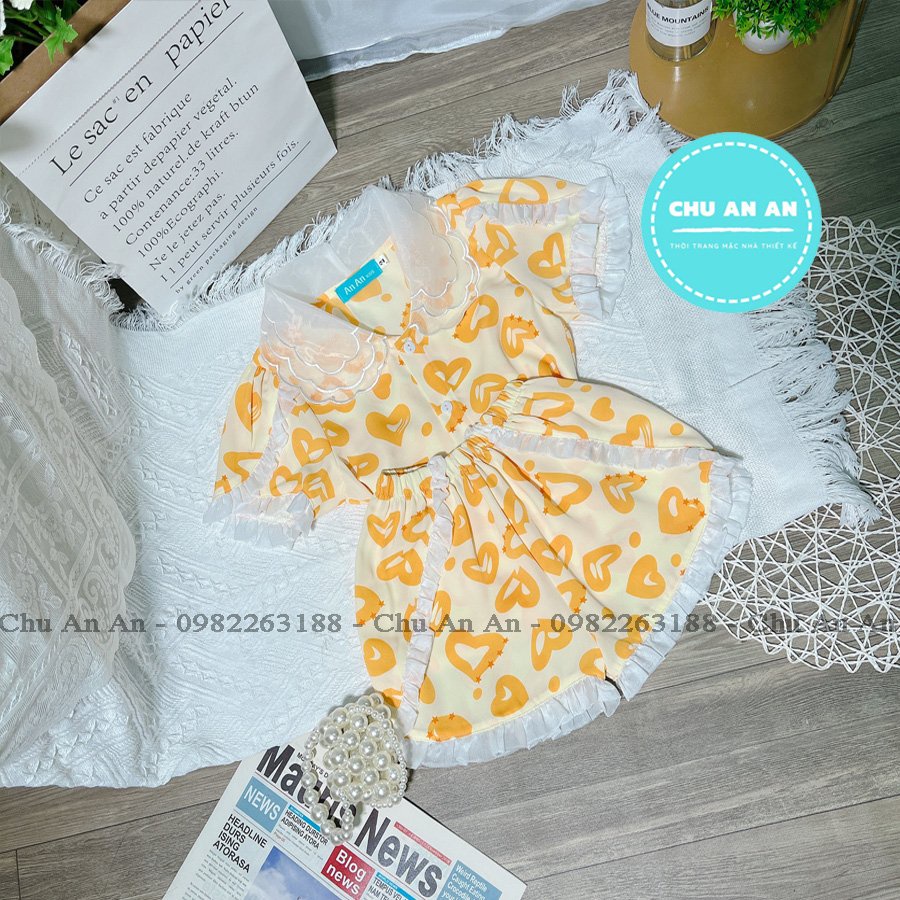 Bộ Ngủ Pijama Lụa Mango Phối Cổ Ba Lá -  Hàng Thiết Kế Cao Cấp Tay Cộc .Bộ Ngủ Bé Gái Cao Cấp