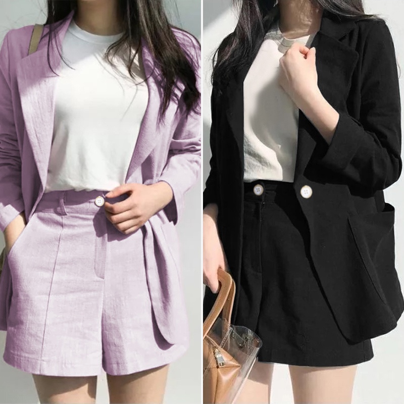 Set đồ ZANZEA gồm áo khoác blazer dài tay + quần short lưng thun thời trang Hàn Quốc cho nữ
