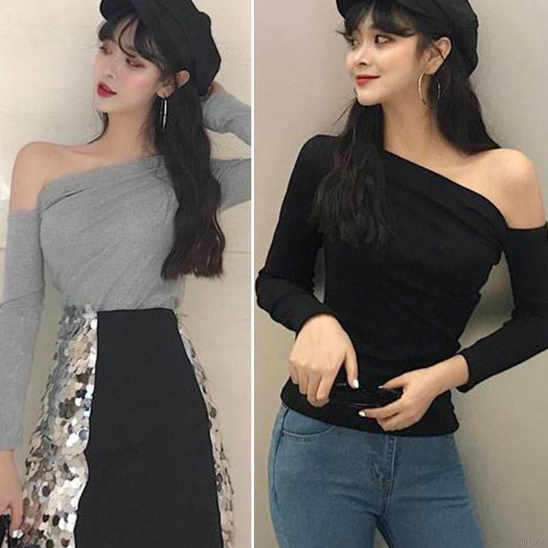 Áo Thun Nữ Tay Dài Lệch Vai Phong Cách Hàn Quốc