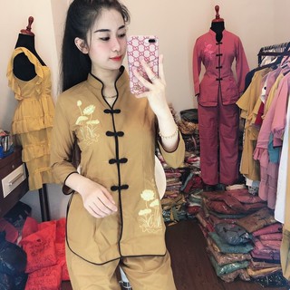 Bộ quần áo nữ Phật tử - đồ lam đi chùa mẫu kate sẫm viền A05