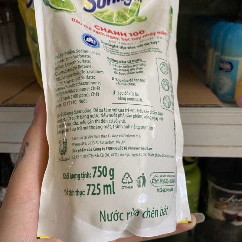 Nước rửa chén Sunlight Chanh 100 túi 750g