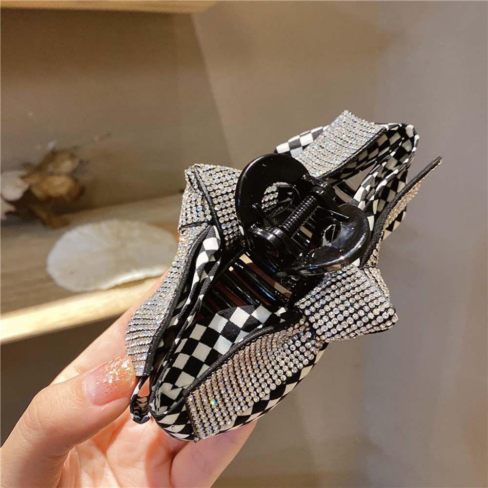 JARRED Kẹp Tóc Nơ Họa Tiết Kẻ Ô Đính Đá Màu Trắng Đen Thời Trang Cho Nữ