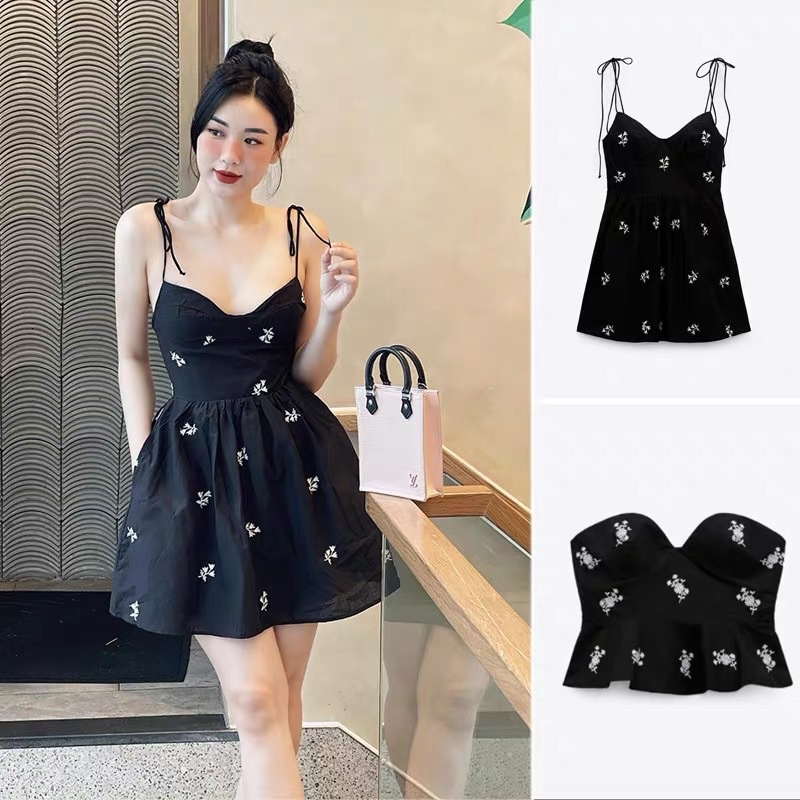 Đầm 2 dây thắt nơ, áo quây in hoạ tiết phong cách thời trang cho nữ