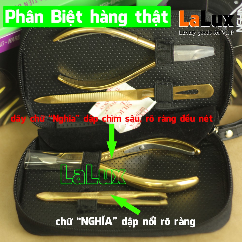 Bộ dụng cụ làm nail CHÍNH HIỆU Kềm Nghĩa MD32 4 món MẠ VÀNG: Kềm cắt da , kềm cắt móng, nhíp nhổ lông, dũa móng tay