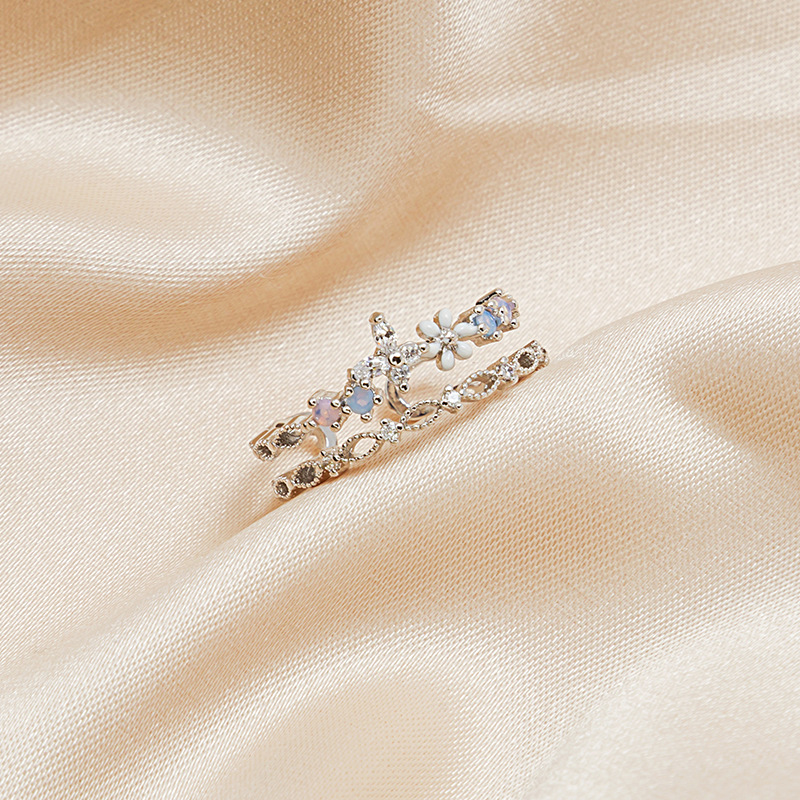 Nhẫn hở hai lớp màu vàng hồng hình bông hoa đính đá zircon thời trang cá tính cho nữ