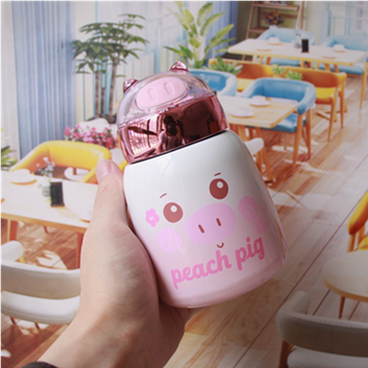 Bình giữ nhiệt thú cưng heo gấu hồng dễ thương nắp lấp lánh inox304 dung tích 330ml