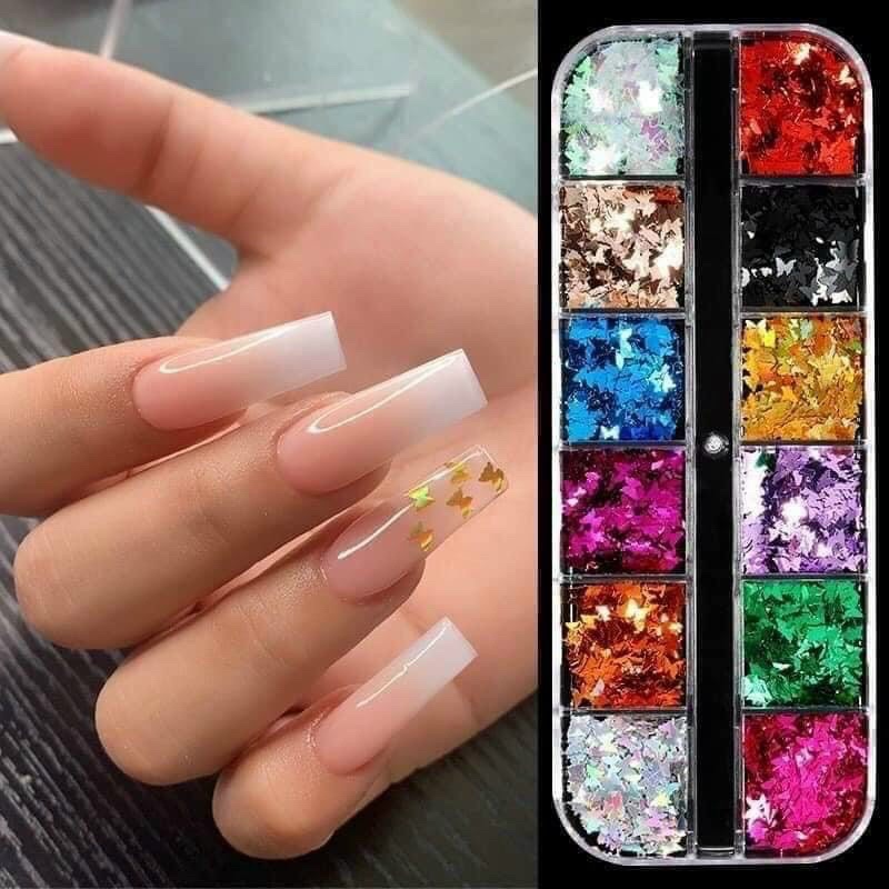 Bướm trang trí móng, hộp bướm ẩn kim tuyến trang trí móng tay Hình Bướm 3D