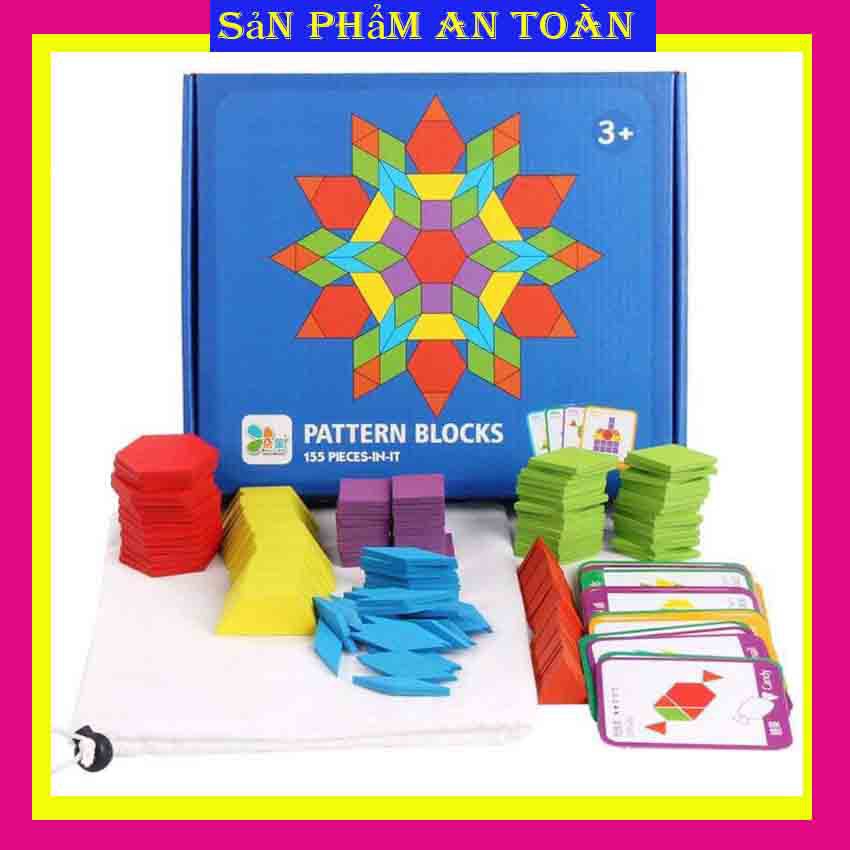 Bộ đồ chơi xếp hình sáng tạo Pattern Blocks 155 chi tiết kèm 24 thẻ mẫu cho bé