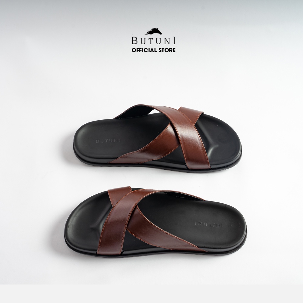 Dép quai chéo da bò full-grain Butuni Cross Slippers - BH da thật 12 tháng - Nâu