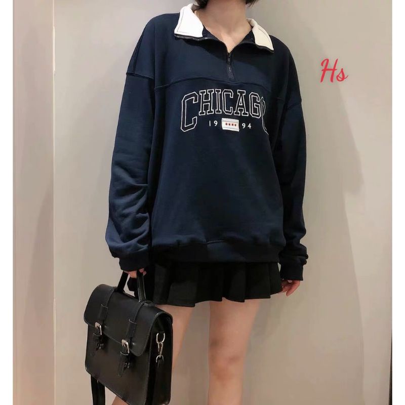 Áo khoác nữ, áo sweater nữ form rộng cổ khóa Chicagoo 1994 dưới 70kg màu xanh đen G062 | BigBuy360 - bigbuy360.vn