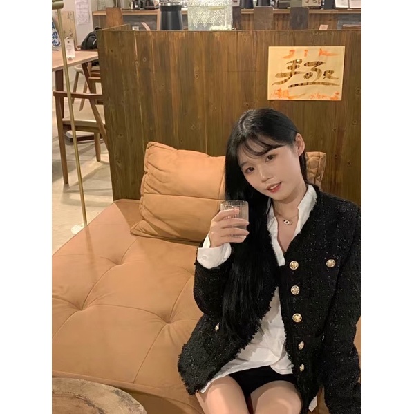 Áo Khoác Tweed Tay Dài Dáng Ngắn Đan Lấp Lánh