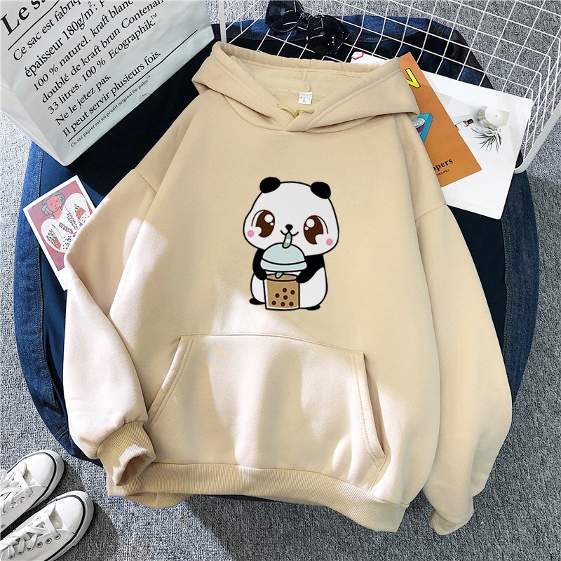 Áo Nỉ Hoodie Chui Đầu  From Rộng Unisex Có Mũ Hình Gấu Panda Trà Sữa Style HOT TREND Kèm Cột Tóc Siêu Đẹp TTSPA0041