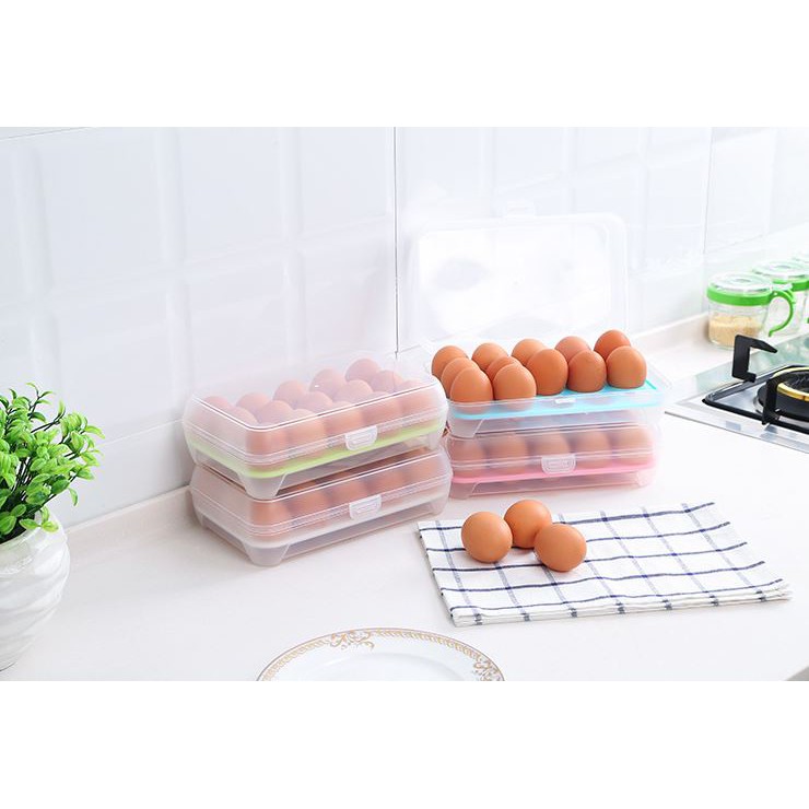 Hộp đựng trứng khay trứng 15 lỗ có nắp mở thoáng gió tiện lợi bảo quản trong tủ lạnh 25x15x7cm