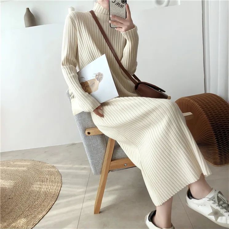 COZOK Đầm Dệt Kim Tay Dài Cổ Cao Thời Trang Xinh Xắn Cho Nữ