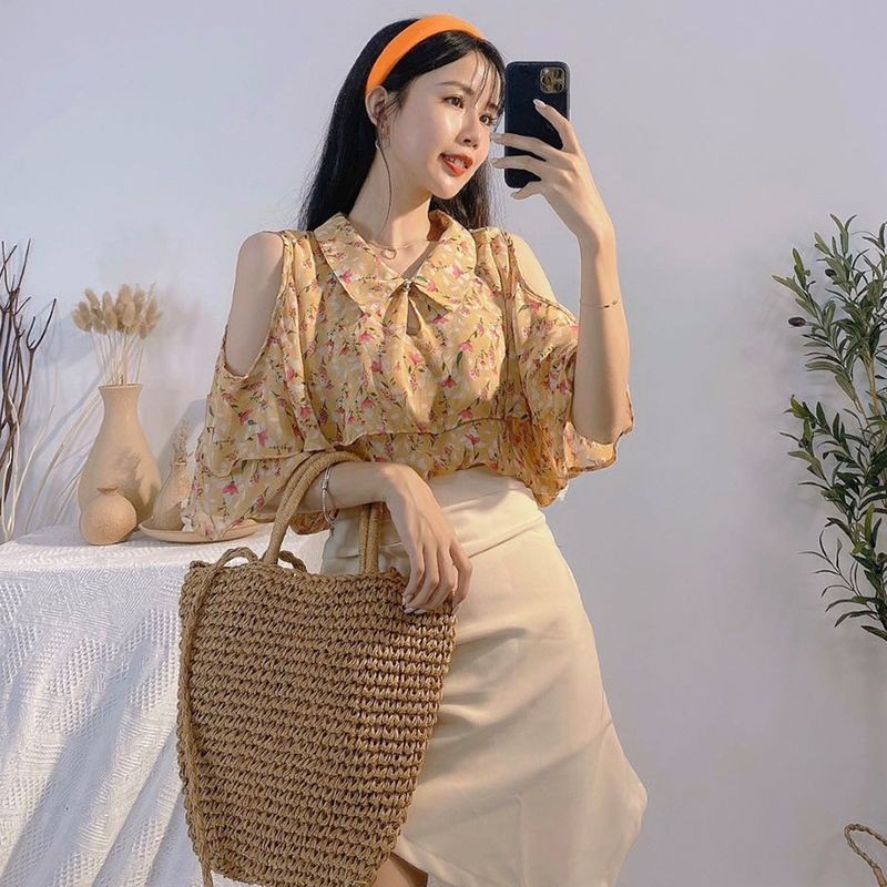 Áo voan kiểu hot girl hở vai tay lỡ hoa nhí Quảng Châu đẹp