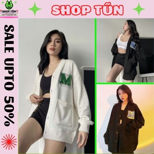 Áo cardigan nữ Shop Tũn  Áo cardigan nỉ bông dáng rộng dưới 75kg Shop Tũn - Cardigan thêu logo áo đà lạt