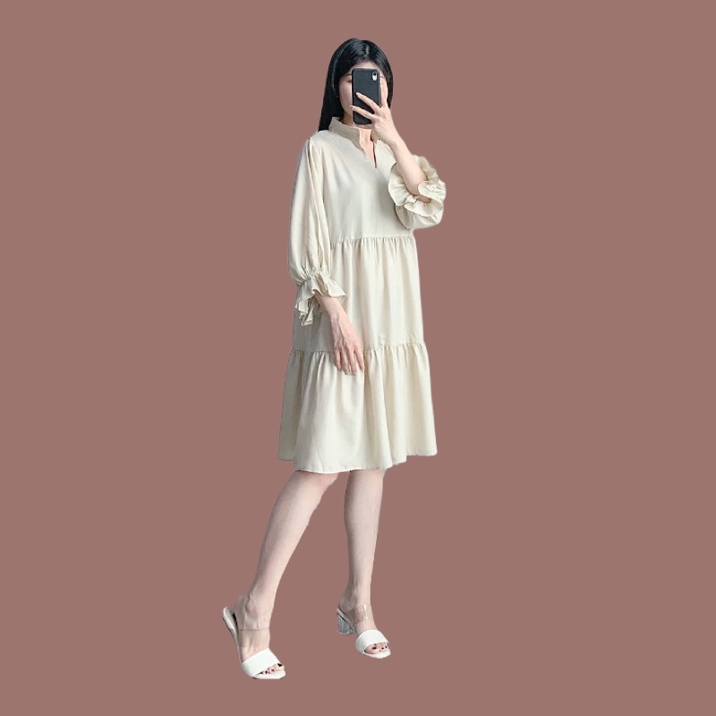 Đầm MIDI Chất Liệu COTTON Mềm Tay Dài Màu Trơn/Màu Xanh/Hồng/Xanh Lá Xinh Xắn Cho Nữ