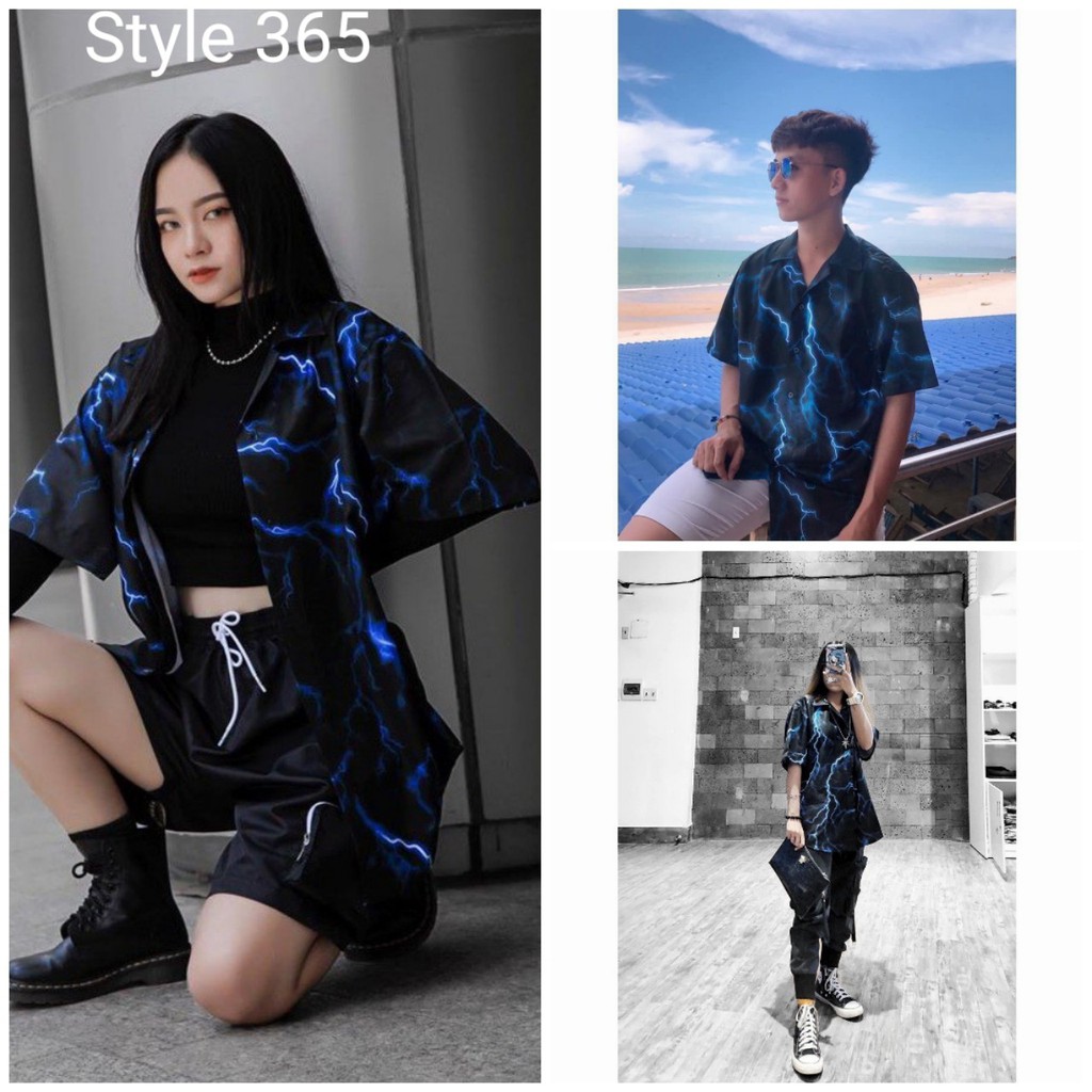Áo sơ mi tay lỡ phom rộng Tia Sét nam nữ siêu ngầu chất dày ,mát ,có cả lót vai Thời trang Unisex Style 365