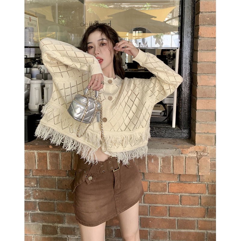 Jiashucheng Áo Khoác Cardigan Ngắn Tay Dài Thiết Kế Tua Rua Sang Trọng Cho Nữ