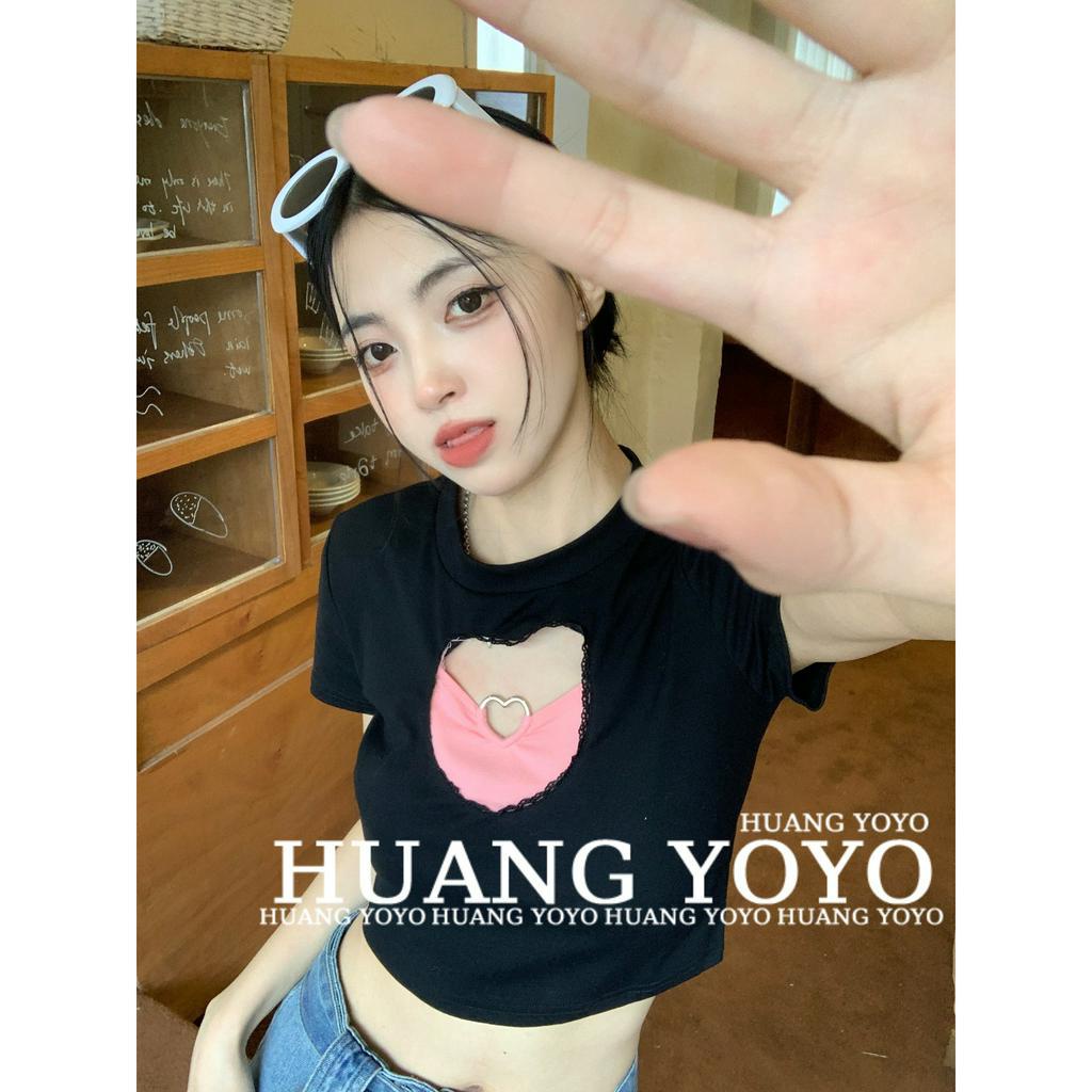 Áo Thun Crop Top Nữ Cổ Tròn Ngắn Tay Khoét Lỗ Hình Trái Tim Gợi Cảm Mùa Hè Mới