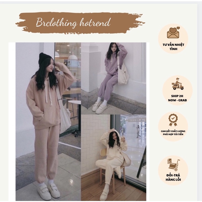 Bộ hoddie Nỉ Trơn Nữ Áo From rộng có mũ, Kèm Quần Bomber nỉ dáng rộng Nhiều màu dây rút bản to OVersize phong cách ulz