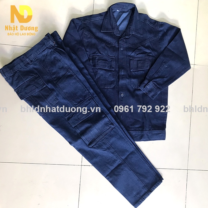 Quần áo bảo hộ lao động cho thợ hàn thợ điện vải jean bò L2, Đồ thợ hàn Nhật Dương áo dài tay quần túi hộp