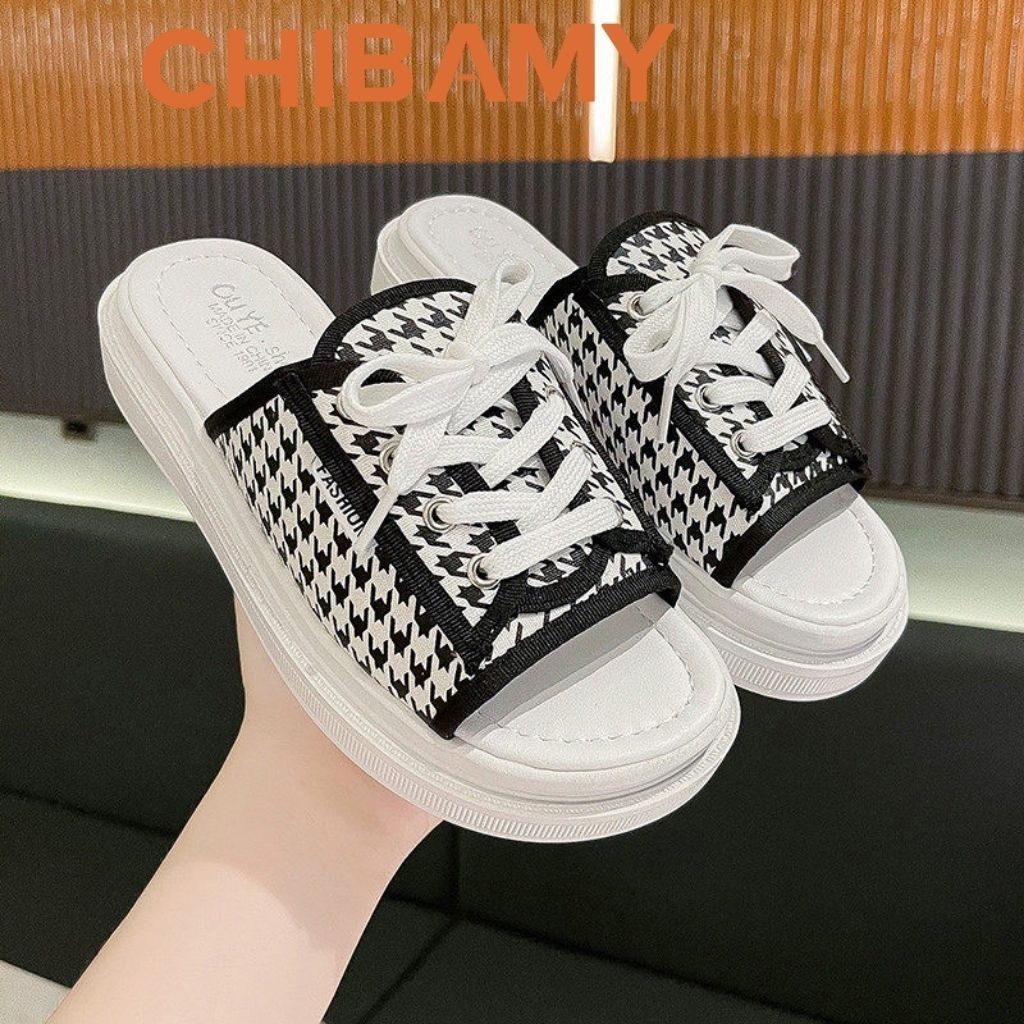 Dép quai ngang nữ thể thao Buộc Dây siêu nhẹ chất vải họa tiết caro 4p