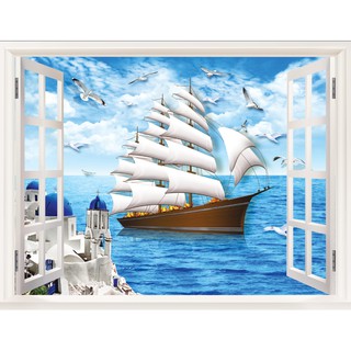Tranh dán tường 3D cửa sổ thuyền buồm cảnh biển - VẢI LỤA  phủ kim sa (kích thước theo yêu cầu)