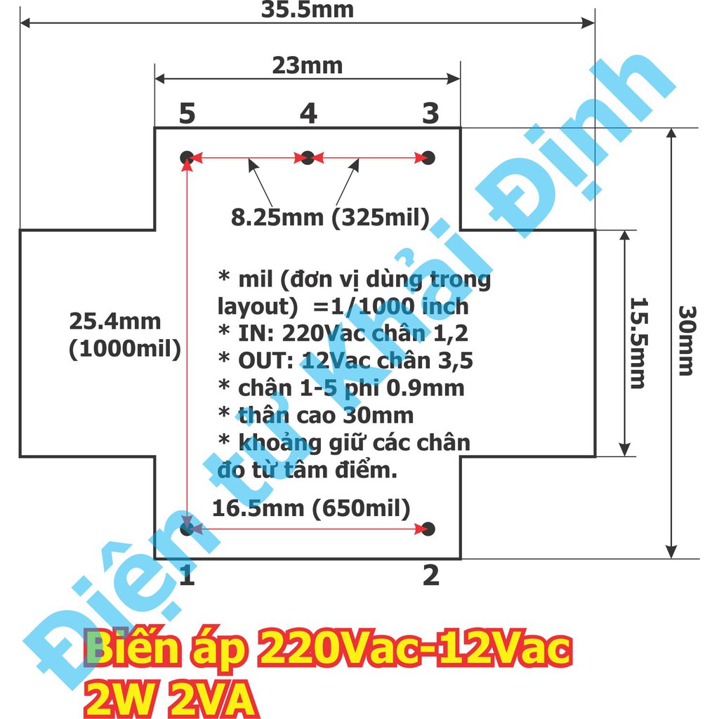 Biến áp cách ly, biến áp thường, biến áp hàn mạch, on board IN: 220Vac OUT: 6V / 12V 2W 2VA kde5457