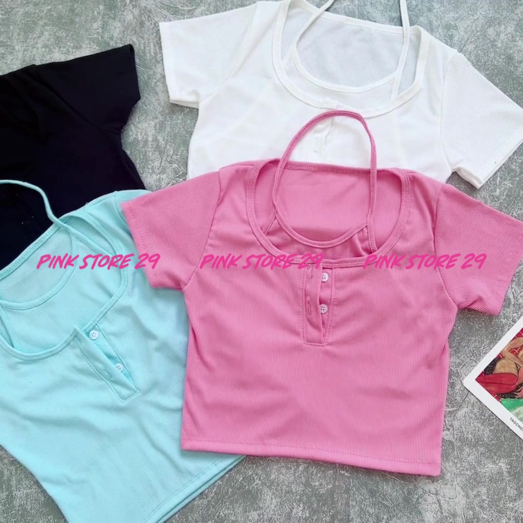 Áo Croptop Body Tay Ngắn PINKSTORE29 Cổ Vuông Kiểu Yếm, Khuy Cài Cổ Gợi Cảm A5257 | BigBuy360 - bigbuy360.vn