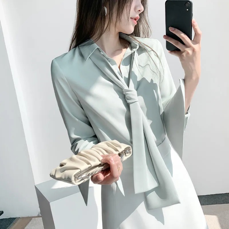 Áo Sơ Mi Dài Tay Thiết Kế Mới Cổ Thắt Nơ Tháo Rời Được Phong Cách Retro Dành Cho Nữ