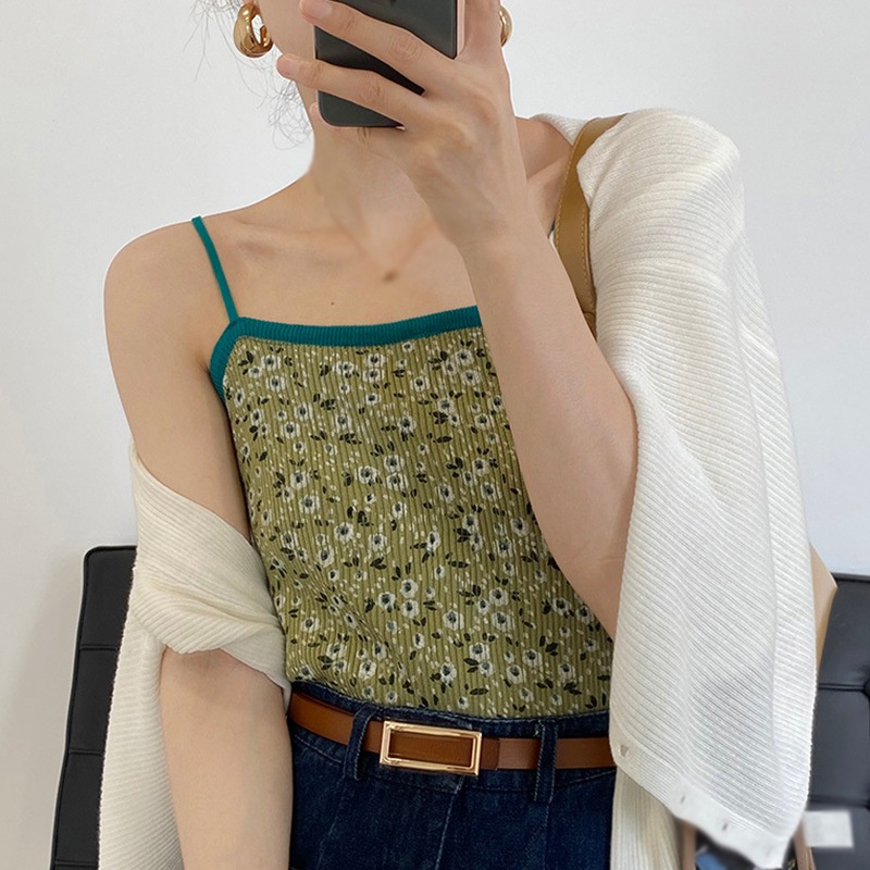 Áo Croptop Dệt Kim Sát Nách Hoạ Tiết Hoa Thiết Kế Ôm Sát Tôn Dáng
