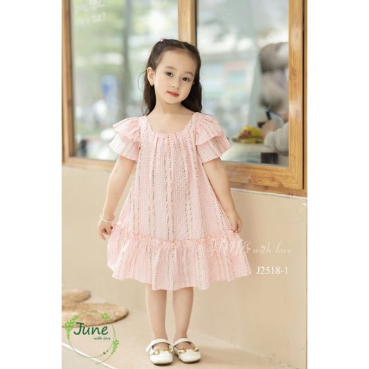 Đầm June thiết kế tay 2 tầng caro xinh xắn, kiểu dáng bèo đuôi cá, chất liệu thô dệt hoa mềm đẹp thoáng mát (10-35kg)