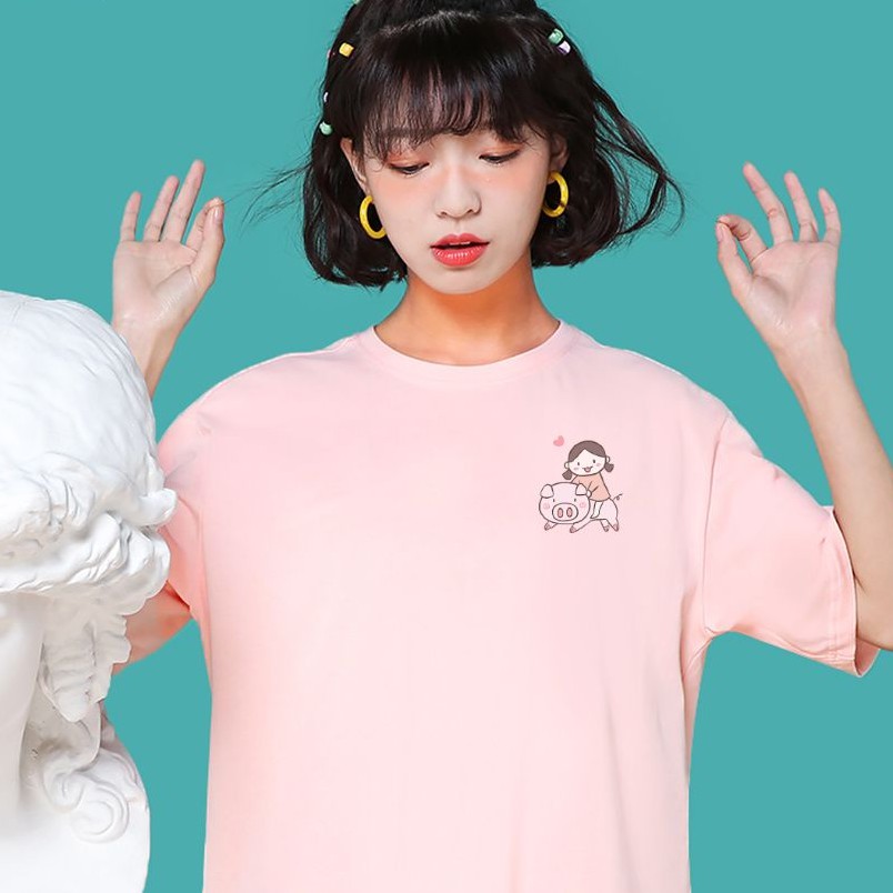 [Hàng Xịn, Gía Tốt] Áo Phông Thun Nam Nữ Tay Ngắn Icon Họa Cô Bé Heo Hàn Quốc - Unisex - Cotton - Mã AT009