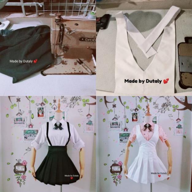 Girl 14 - Váy yếm xếp ly trắng + đen (hàng đặt may, không gồm áo sơ mi, chat với shop trước khi đặt nha! ❤) ^