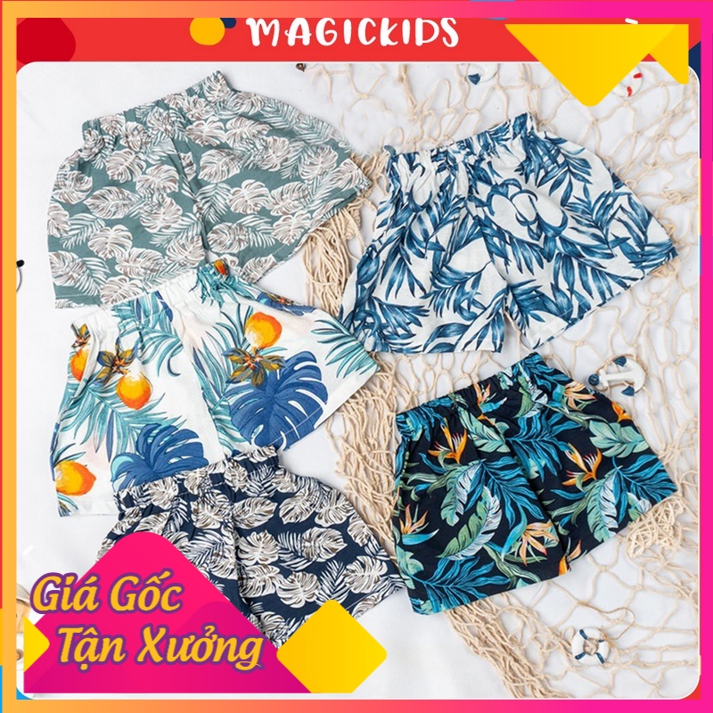 Quần đùi đi biển , quần cộc mùa hè chất liệu đũi họa tiết hoa lá dễ thương cho bé