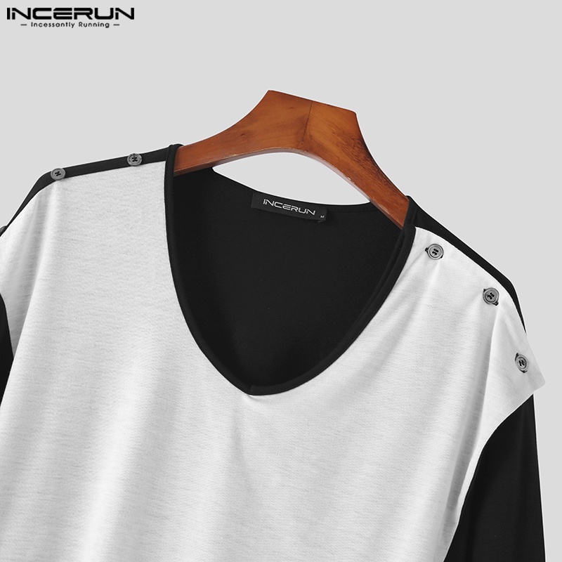 Áo thun INCERUN dài tay cổ chữ V màu trắng đen cho nam
