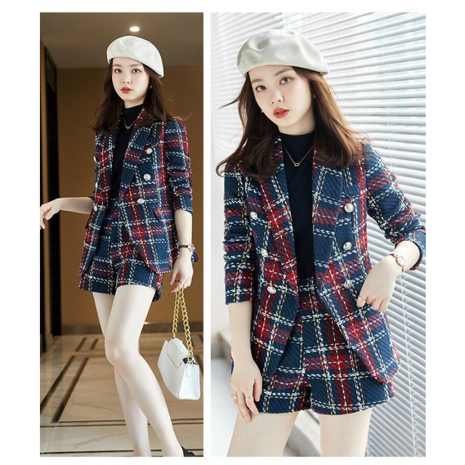 Hàng nhập - Set bộ vest nữ short dạ tweet kẻ caro, sét đồ thời trang quần áo blazer ngắn sang trọng