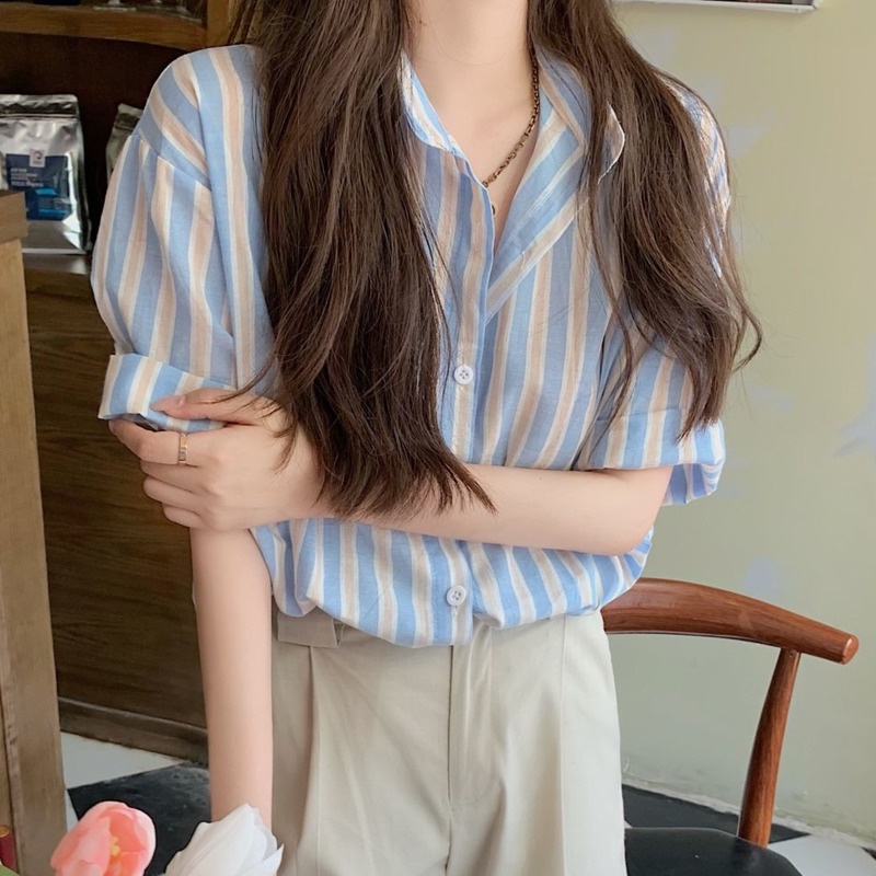 Áo Sơ Mi Tay Ngắn Kẻ Sọc Màu Sắc Tương Phản 185226 Áo Sơ Mi Dáng Rộng Phong Cách Hàn Quốc Cá Tính