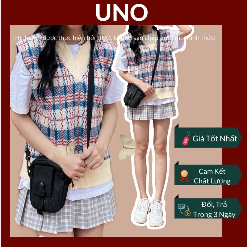 Áo Gile hoạ tiết sọc caro màu be hình thật by UNO