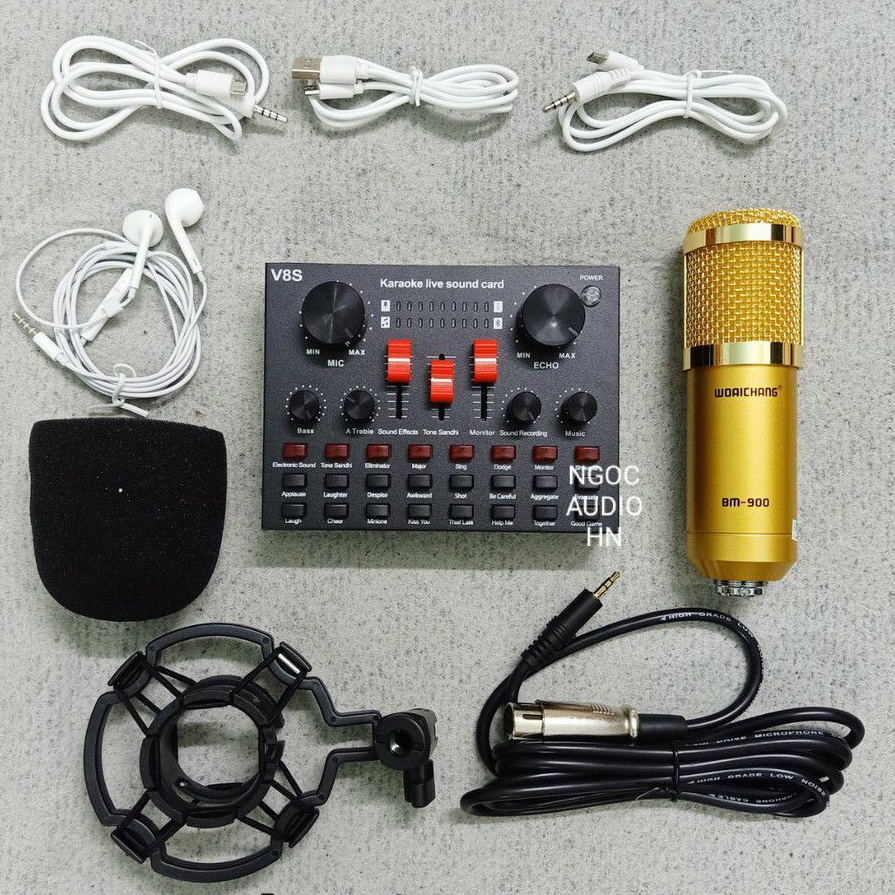 [Mã ELHACE giảm 4% đơn 300K] Combo thu âm hát karoke live stream Soundcard V8S và Mic BM900 tặng tai phone