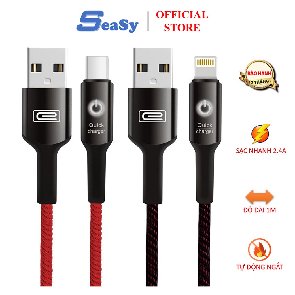 Cáp sạc bọc dù tự ngắt Earldom EC-063 1m chân lightning, TypeC, Micro hỗ trợ sạc nhanh 2.4A