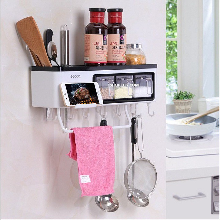 Kệ đựng đồ nhà bếp kèm 3 hũ gia vị ECOCO treo tường (không cần khoan) . .