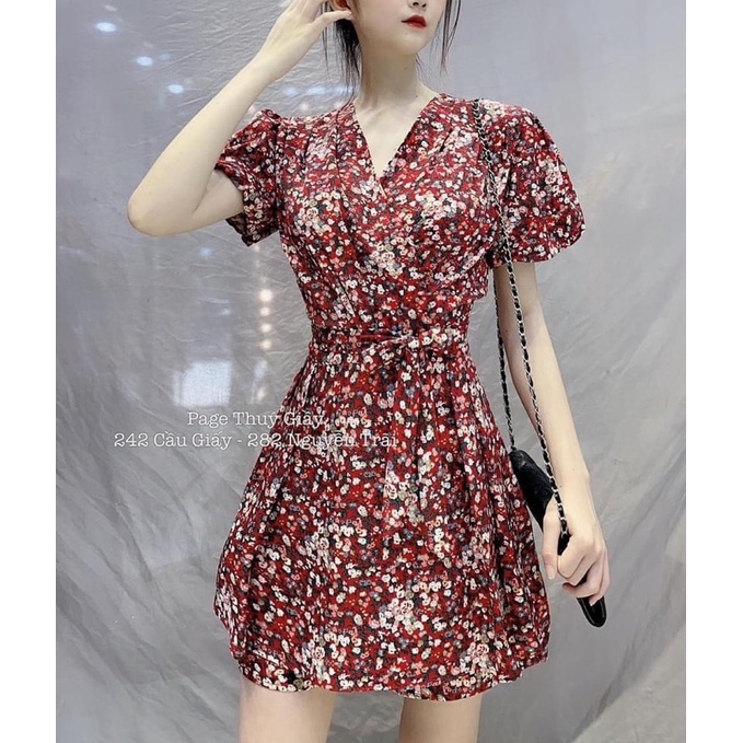 SÉT JUM TAY BỒNG BUỘC EO CÓ QUẦN GIẢ tay ngắn bồng sang chảnh cổ V hoa nhí vintage