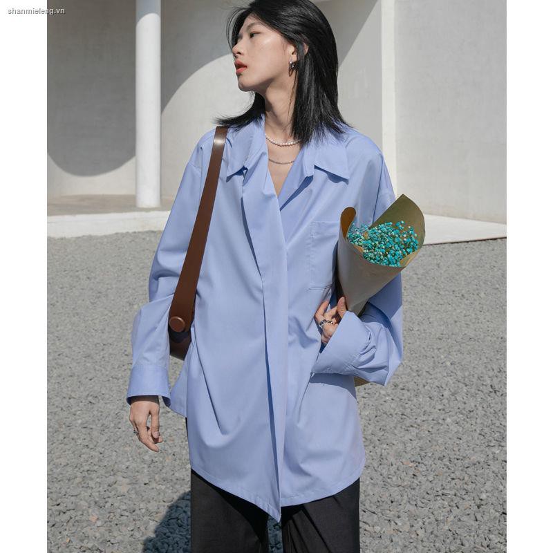 Áo Sơ Mi Dáng Rộng Màu Trắng / Xanh Dương Phong Cách Cổ Điển Thời Trang Mùa Hè Mới Dành Cho Bạn Nữ 2021