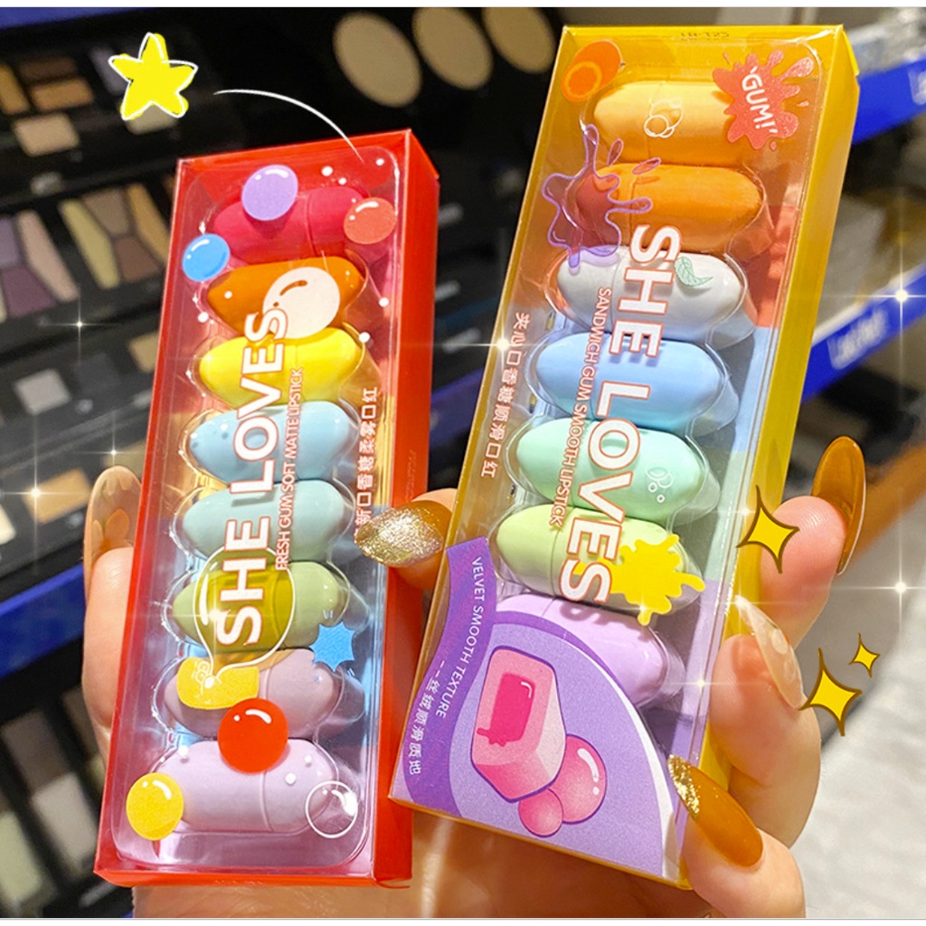 ( HÀNG TẬN XƯỞNG)Set son lì sheloves hình viên kẹo 8 màu mềm mịn không chì nội địa Trung